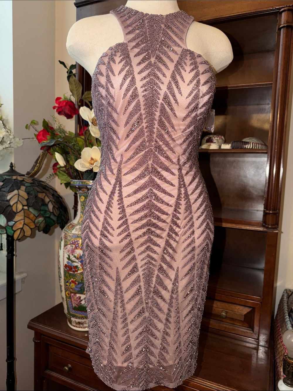 Vintage Scala Nude Elegant Pink Beaded Sheath Dress size 2